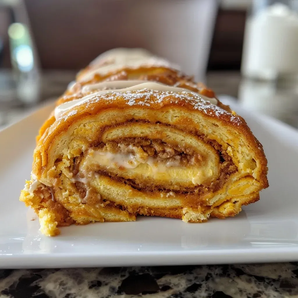 Side view of a delicious pumpkin roll, highlighting its moist texture and creamy center.