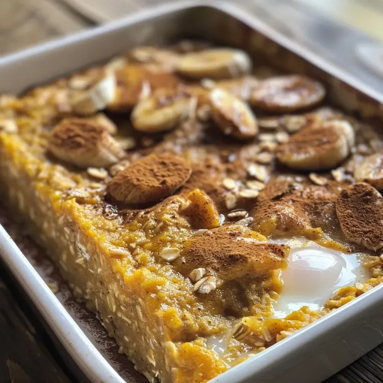 Close-up view of a plate of Pumpkin Spice Baked Oatmeal with a golden-brown top.