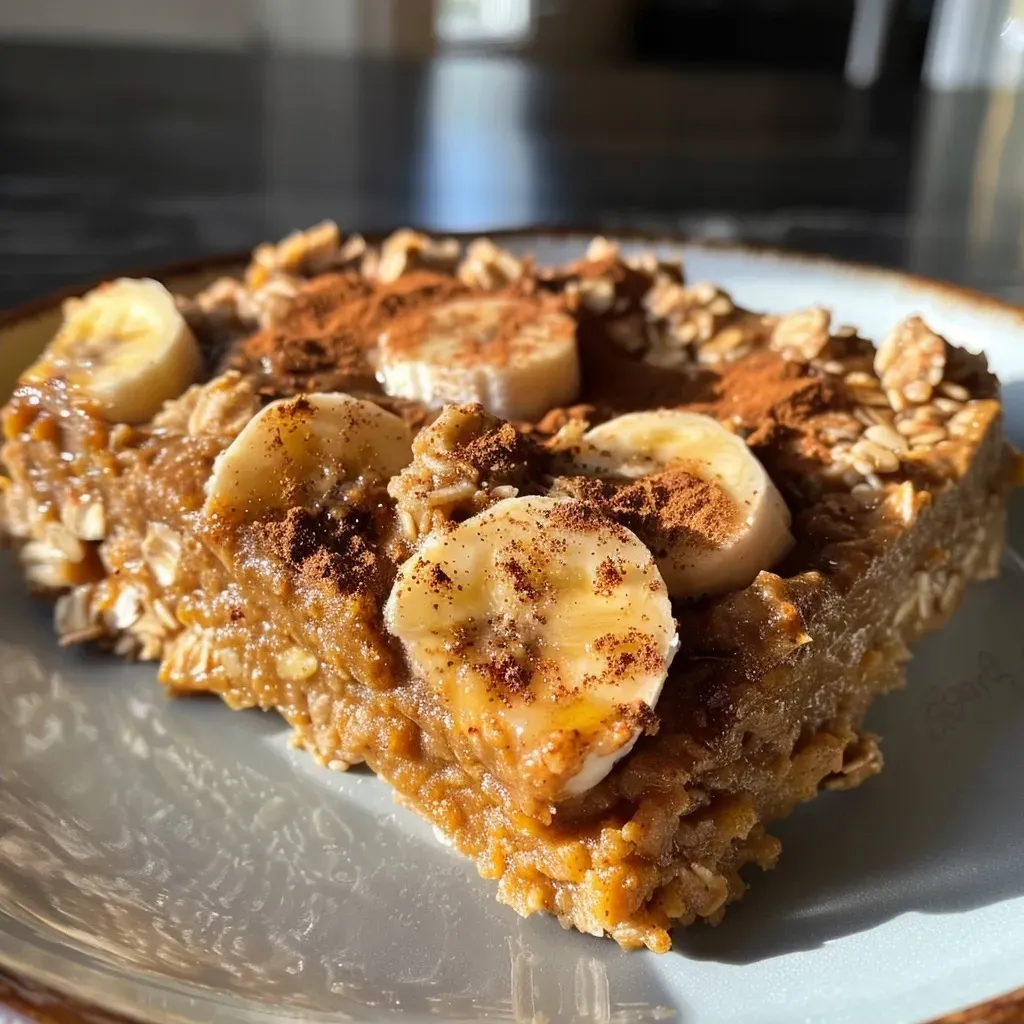 Slice of Pumpkin Spice Baked Oatmeal showing texture and spices, captured from the side.