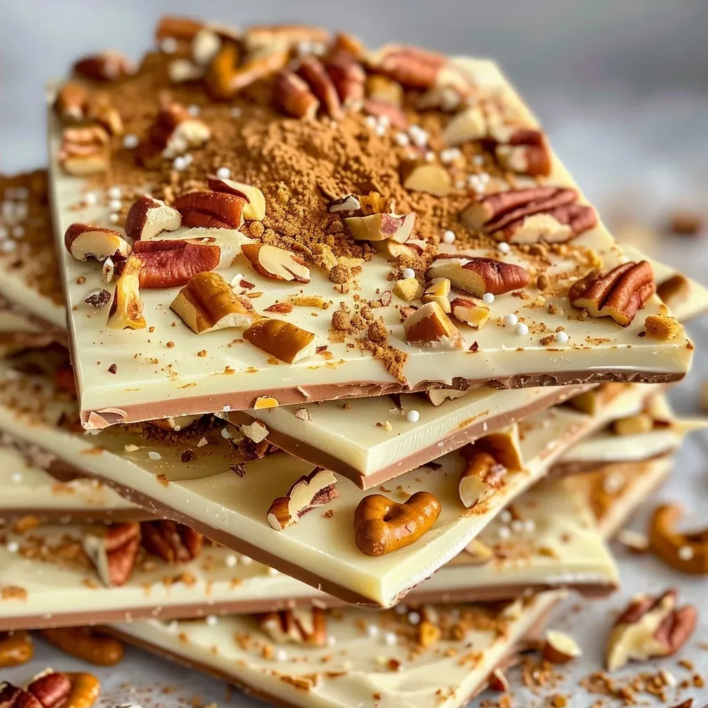 Side view of Pumpkin Spice Bark Candy displaying white chocolate, pumpkin spice morsels, and toppings.
