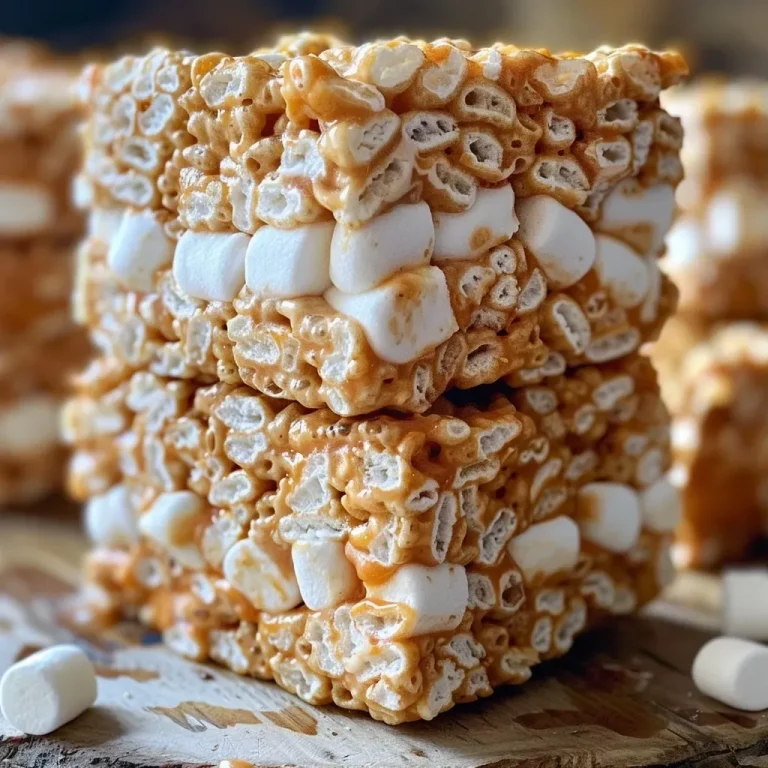Warm and Whimsical: Pumpkin Spice Rice Krispie Treats to Brighten Your Day Close-up of pumpkin spice Rice Krispie treats with a golden hue.