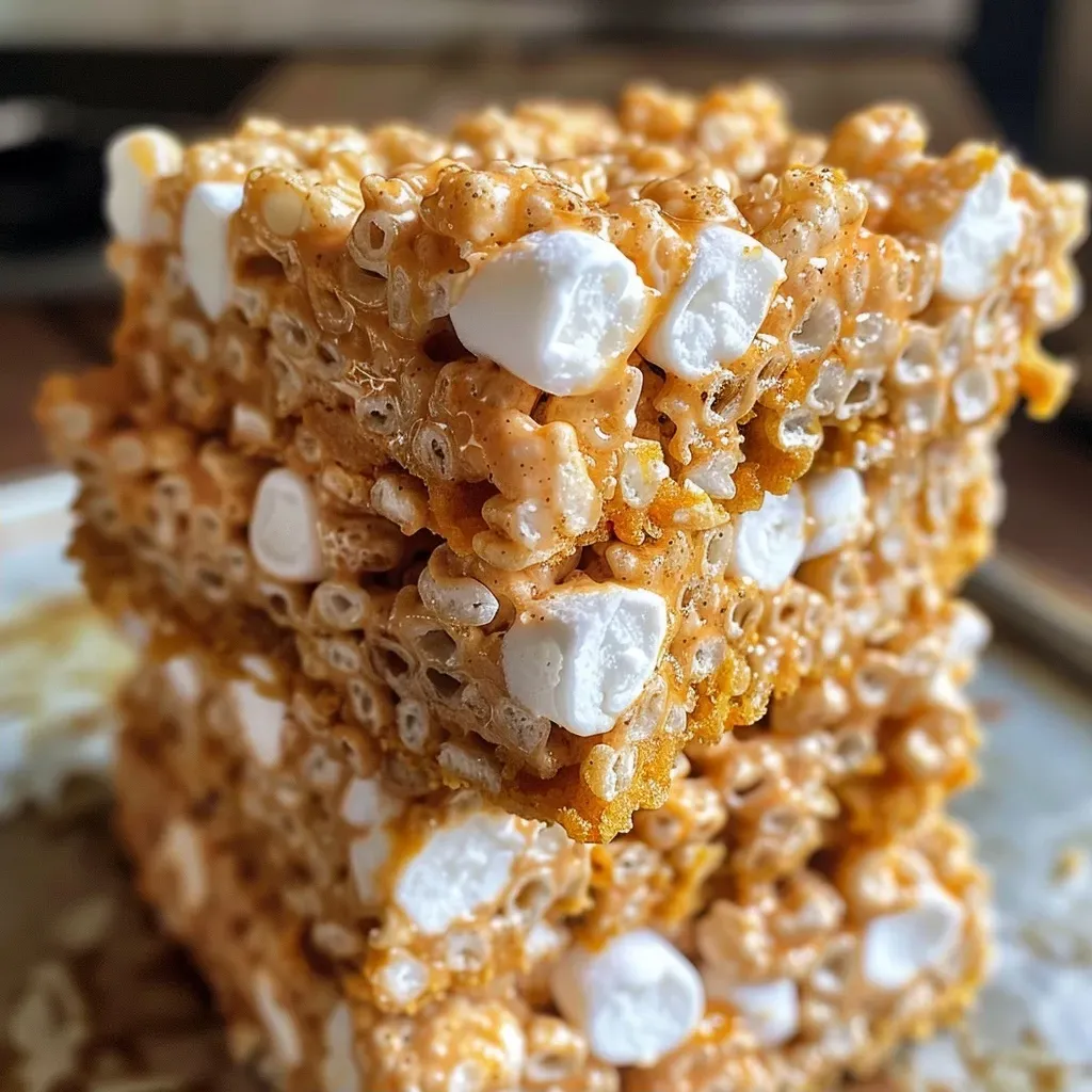 Side view of a stack of Pumpkin Spice Rice Krispie treats glistening with white chocolate.