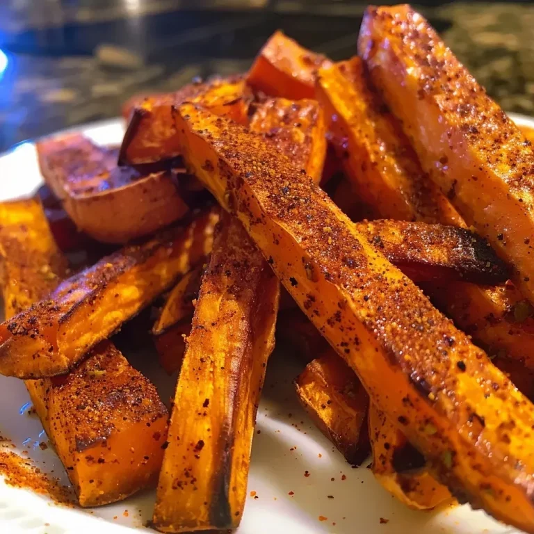 Harvest Delight: Pumpkin Spice Sweet Potato Fries for Cozy Evenings Close up of golden-brown Pumpkin Spice Sweet Potato Fries on a plate.
