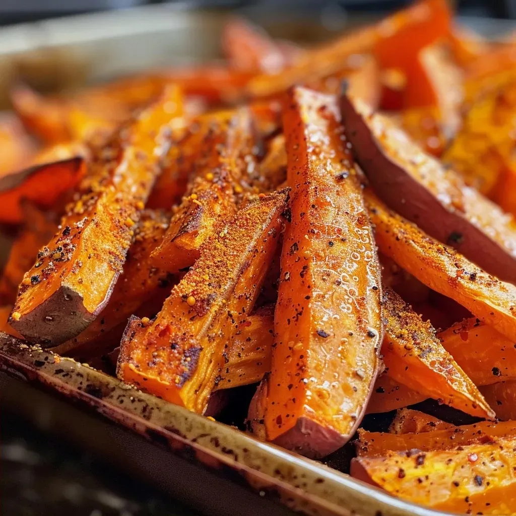 Side view of crispy sweet potato fries coated in pumpkin spice seasoning.