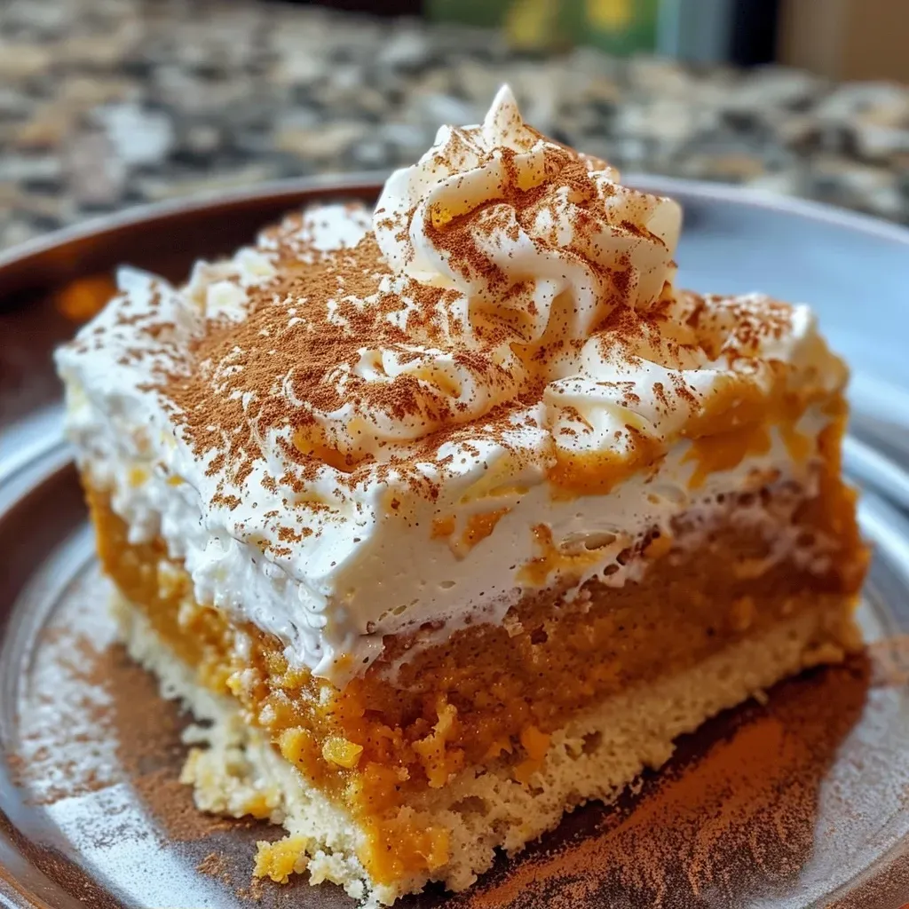 Close-up of Pumpkin Tres Leches Cake with layers and cream frosting, showcasing its rich texture.