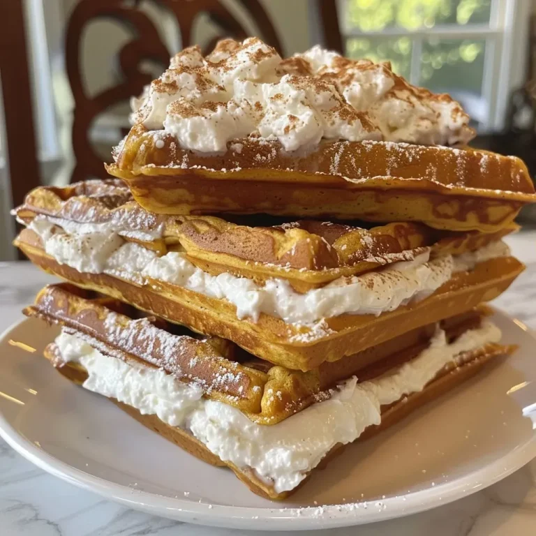 Warm Pumpkin Waffles with a Creamy Surprise Close-up view of a pumpkin waffle with cream cheese filling, showcasing its golden brown edges.