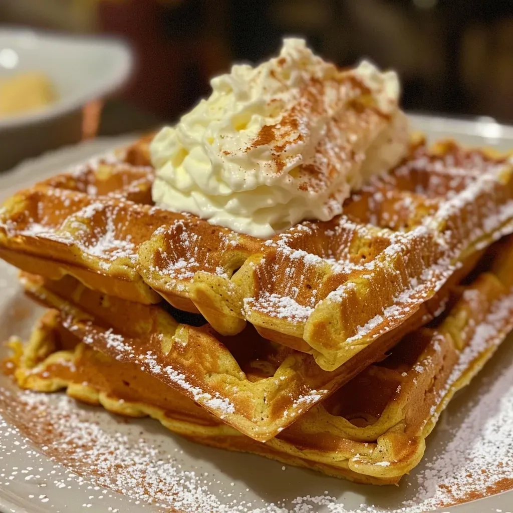 Side view of a stacked pumpkin waffle, revealing a layer of cream cheese filling inside.