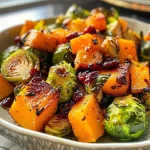 Juicy roasted butternut squash cubes and halved Brussels sprouts drizzled with maple syrup.