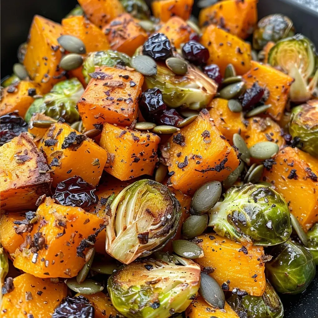 Close-up view of colorful roasted vegetables including butternut squash and Brussels sprouts on a plate.