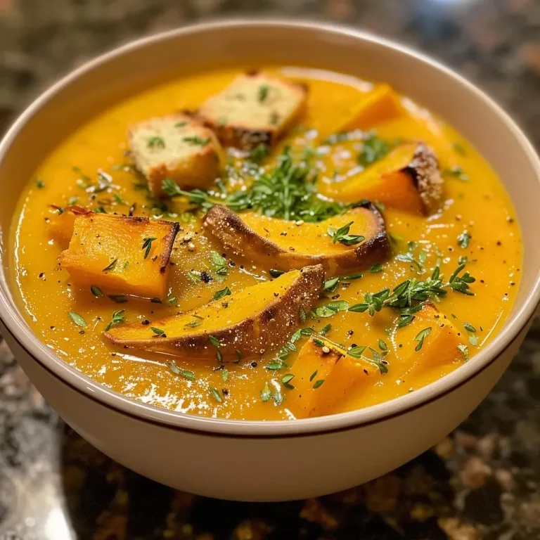 A creamy bowl of roasted butternut squash soup garnished with herbs.