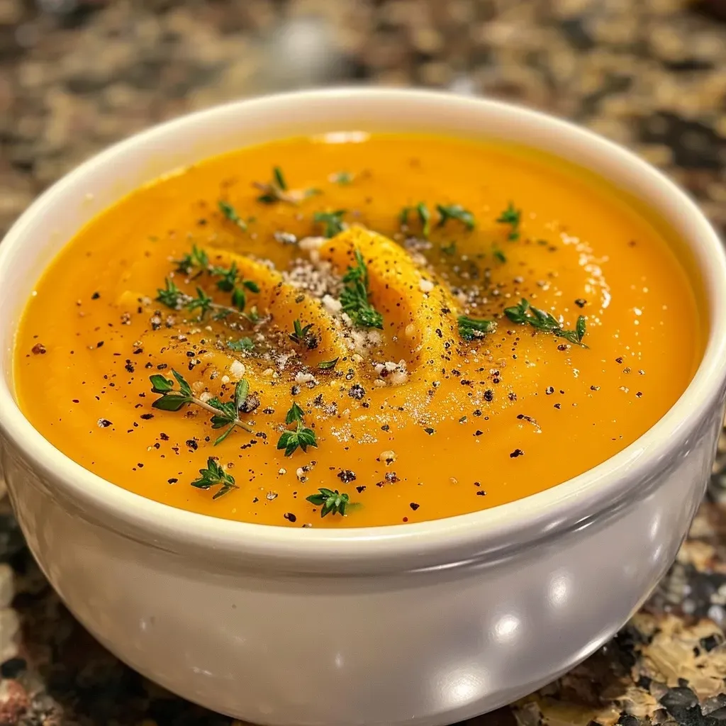 Close-up of vibrant orange butternut squash soup with bread croutons on top.