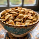 Close-up of roasted pumpkin seeds on a wooden surface.