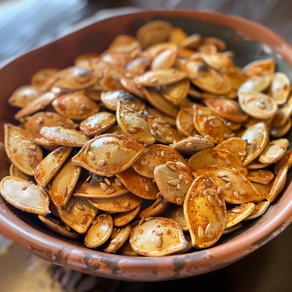 Side view of crunchy, golden-brown roasted pumpkin seeds.