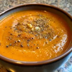 A close-up side view of a bowl of roasted pumpkin soup with a creamy texture.