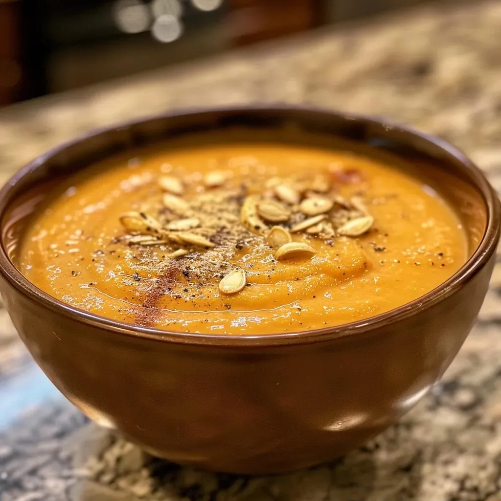 A vibrant orange bowl filled with roasted pumpkin soup, garnished with spices.