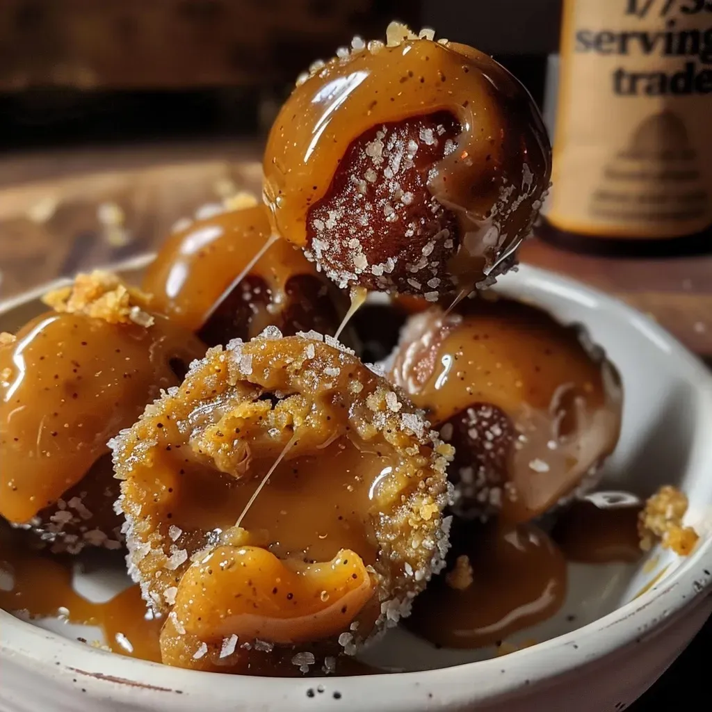 Side angle of delicious caramel apple protein bites, highlighting their rich caramel topping.