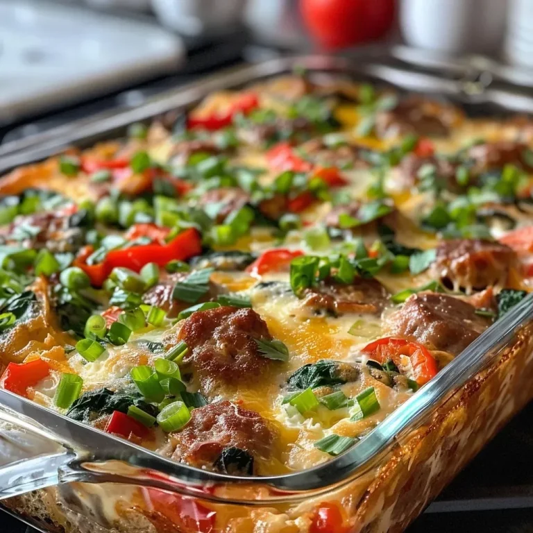 A Warm and Wholesome Sausage and Cheese Egg Bake for Every Morning Close-up view of a golden-brown Sausage and Cheese Egg Bake with colorful ingredients.