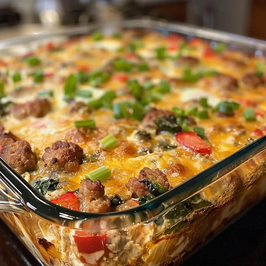 Side view of a sliced Sausage and Cheese Egg Bake showcasing layers of sausage, cheese, and vegetables.
