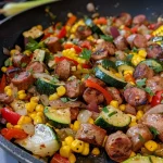 Close-up of a vibrant sausage and veggie skillet, showcasing corn, bell pepper, and zucchini.