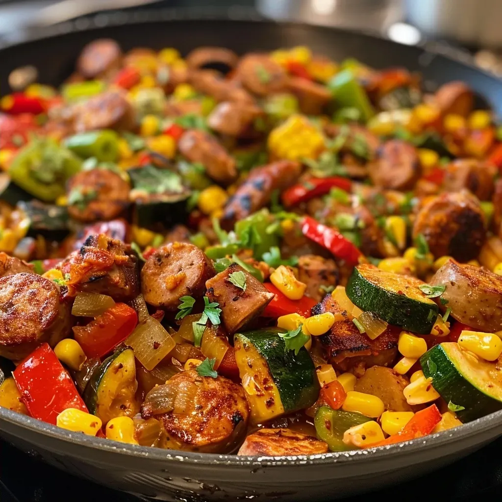 Side view of a one-pan meal featuring juicy sausage and colorful vegetables in a skillet.