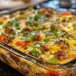 Close-up view of a sliced sausage egg bake, showcasing layers of egg, cheese, and vegetables.