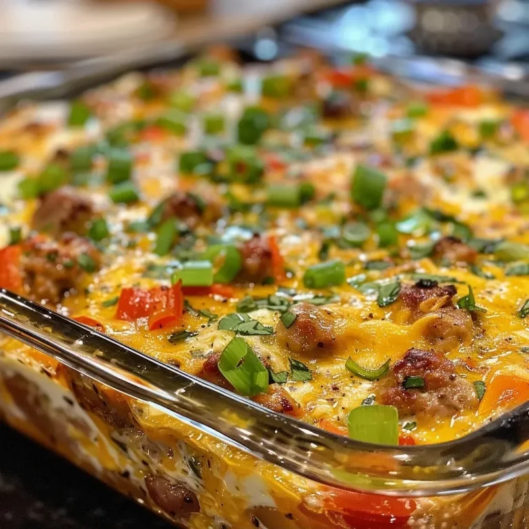 Close-up view of a sliced sausage egg bake, showcasing layers of egg, cheese, and vegetables.