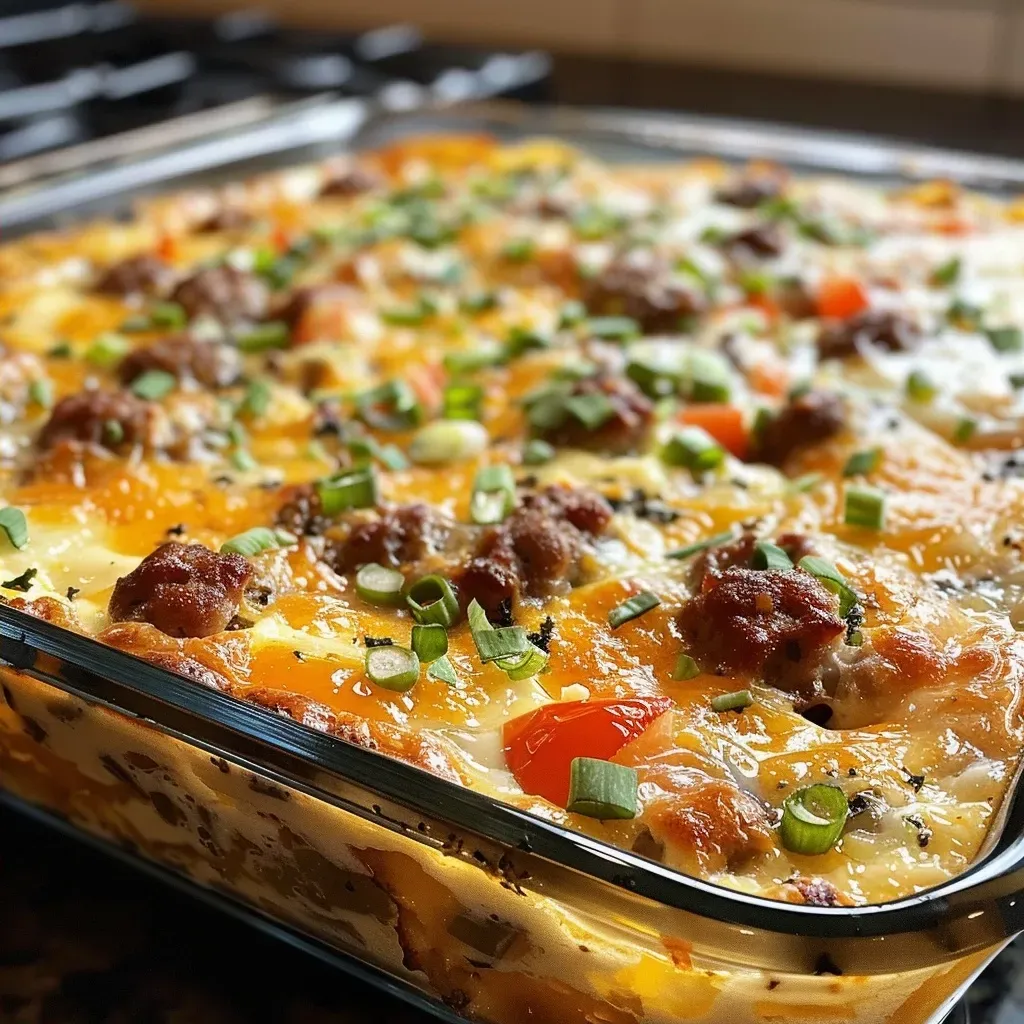 Side view of a baked dish filled with sausage, eggs, and colorful bell peppers, garnished with scallions.