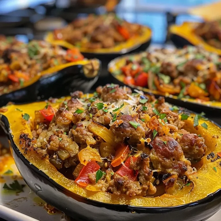 Juicy sausage stuffed acorn squash with vibrant filling.