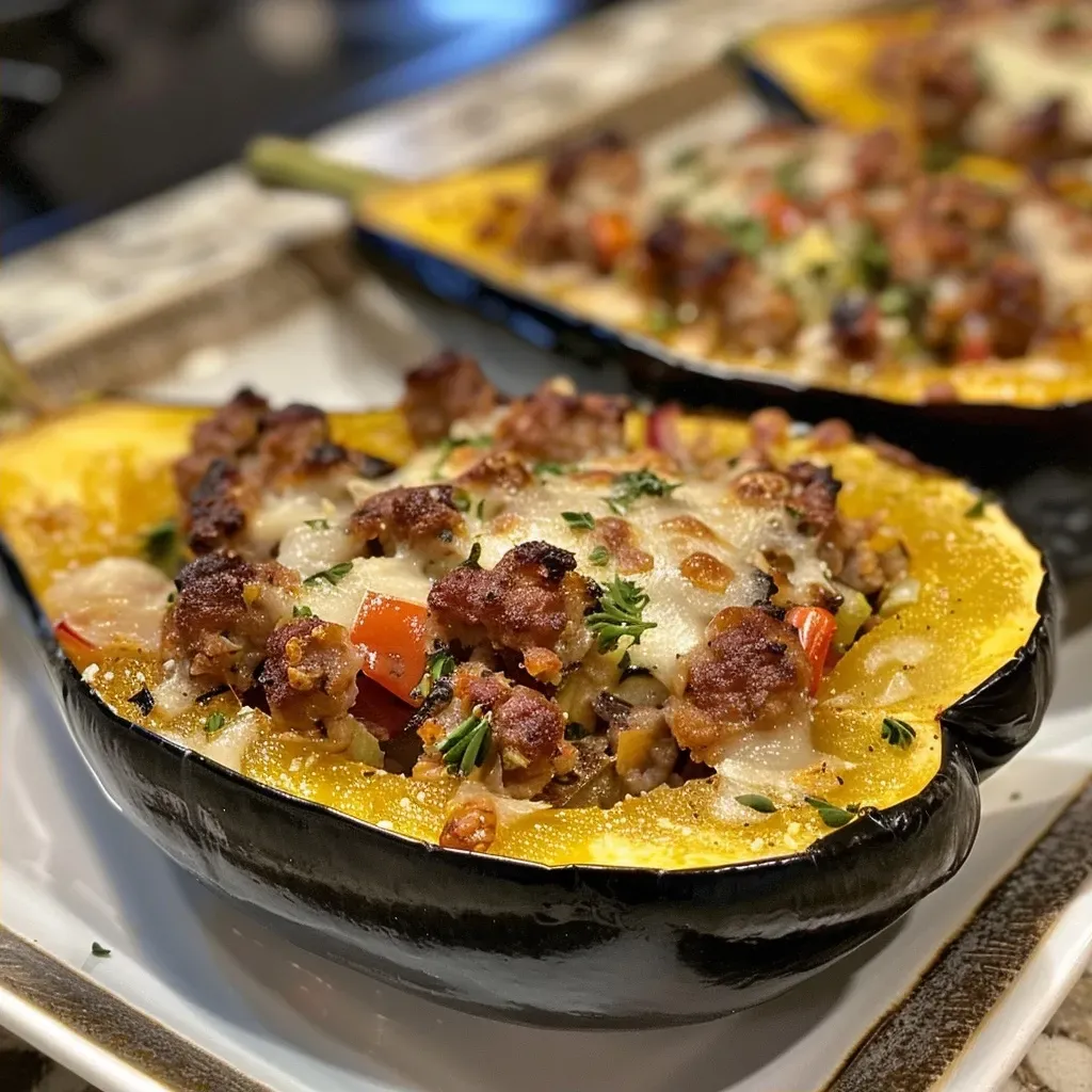 Side view of acorn squash filled with sausage and cheese.