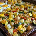 Close-up view of a colorful sheet pan breakfast hash featuring summer squash, corn, and eggs.