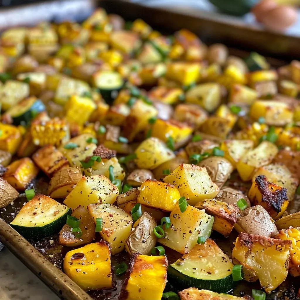 Side view of a vibrant breakfast hash with diced vegetables and melted cheese on a rustic wooden table.