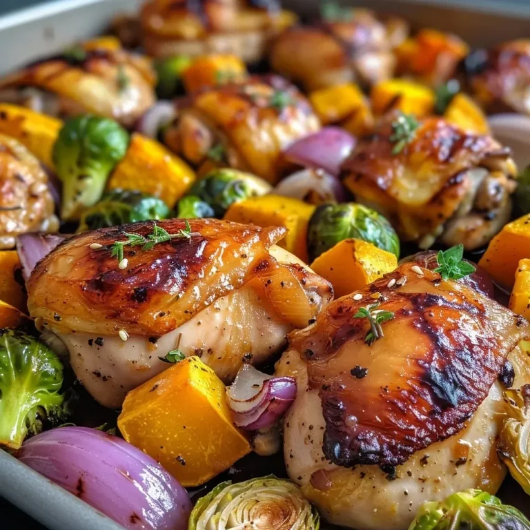 Close-up side view of a sheet pan featuring maple glazed chicken thighs, butternut squash, and Brussels sprouts.