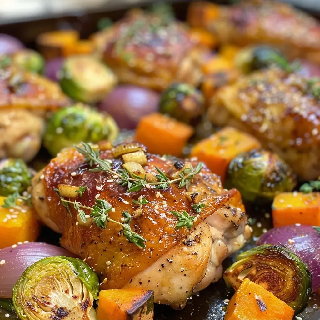 Juicy maple glazed chicken with cubed butternut squash and halved Brussels sprouts arranged on a sheet pan.
