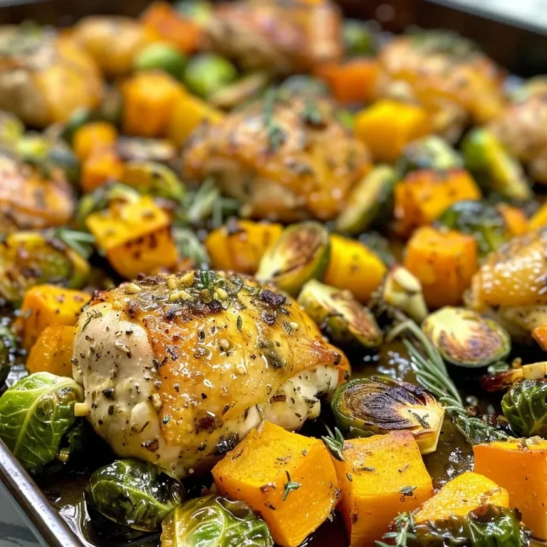 Close-up view of juicy sheet pan maple mustard chicken with roasted butternut squash and brussels sprouts.
