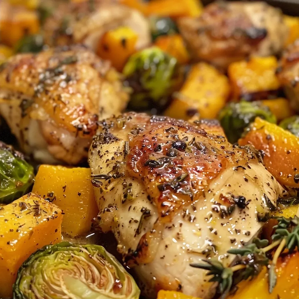 Side view of a vibrant sheet pan meal featuring chicken, butternut squash, and brussels sprouts.