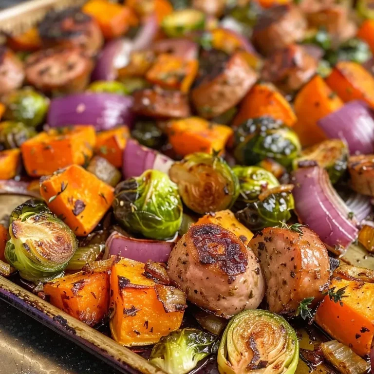 Effortless Sheet Pan Sausage and Veggies with Maple Dijon Delight Close-up of Sheet Pan Sausage and Veggies with maple dijon sauce, showcasing diced sweet potato, brussels sprouts, red onion, and sausage.