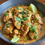 Close-up side view of Slow Cooker Chicken Satay with juicy chicken pieces and vibrant garnishes.