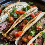 Close-up view of juicy Slow Cooker Flank Steak Tacos with vibrant toppings.