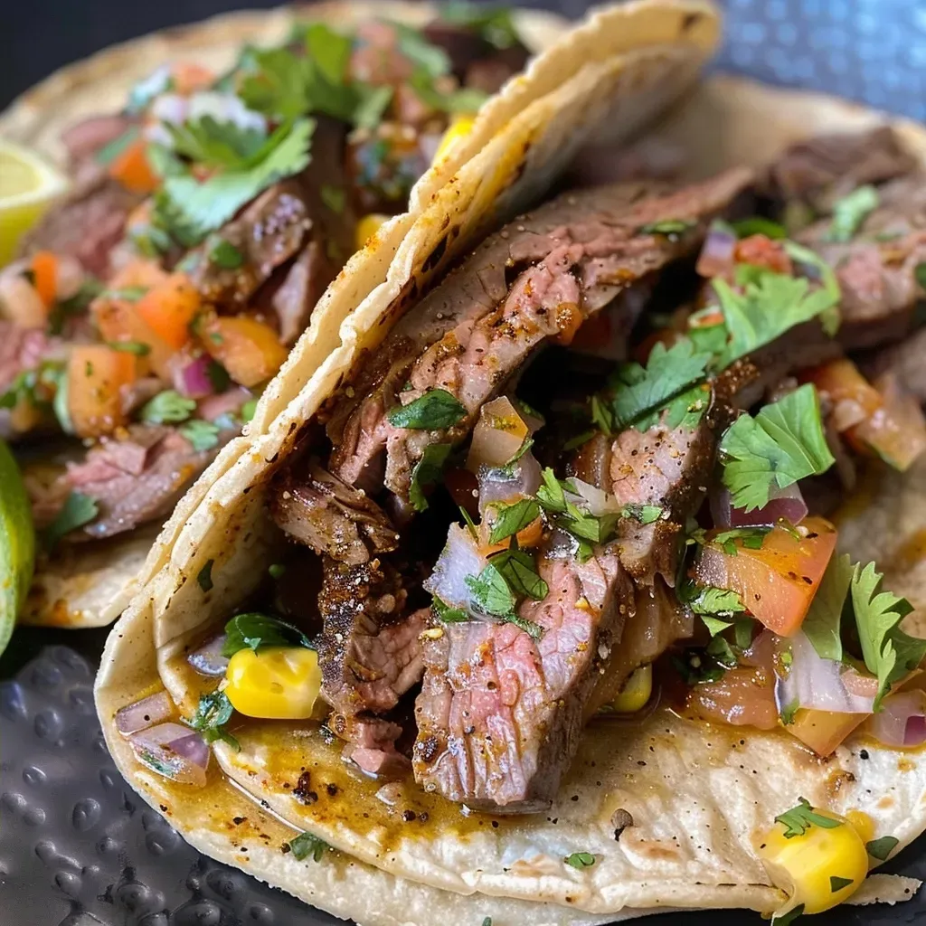 Side view of tacos filled with shredded flank steak and colorful taco bar toppings.