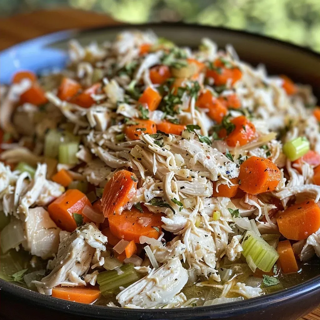Side view of tender slow-cooked shredded chicken with carrots and celery.