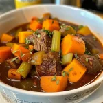 Close-up of a hearty beef stew in a bowl, showcasing vegetables and beef.