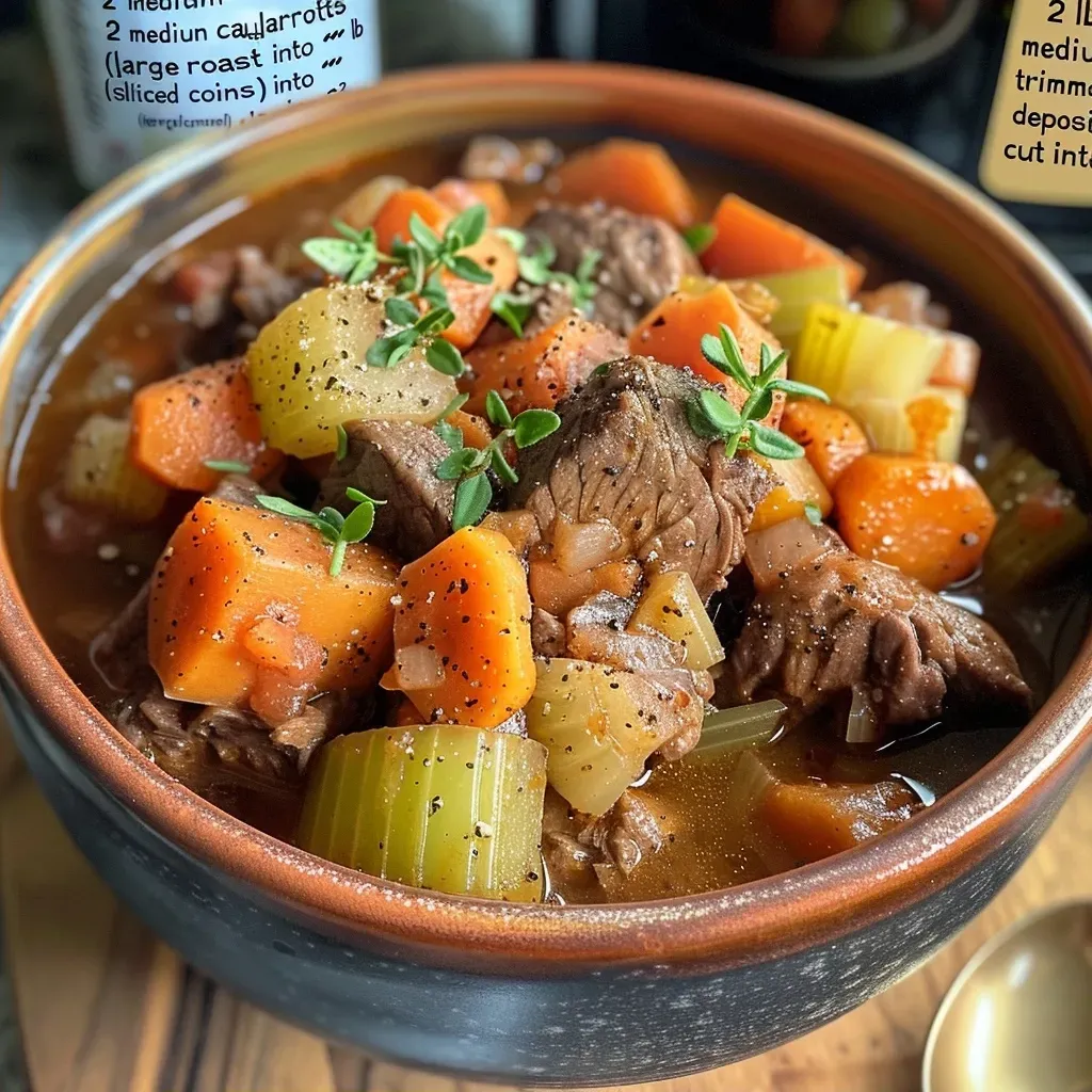 Side view of a slow-cooked beef stew with chunks of meat and colorful vegetables.