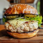 A close-up side view of a juicy smashed turkey burger with melted cheese and fresh toppings.