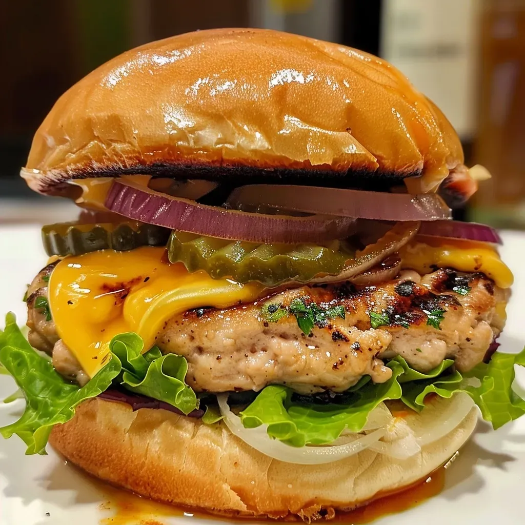 A detailed view of a delicious turkey burger featuring lettuce, pickles, and onions.