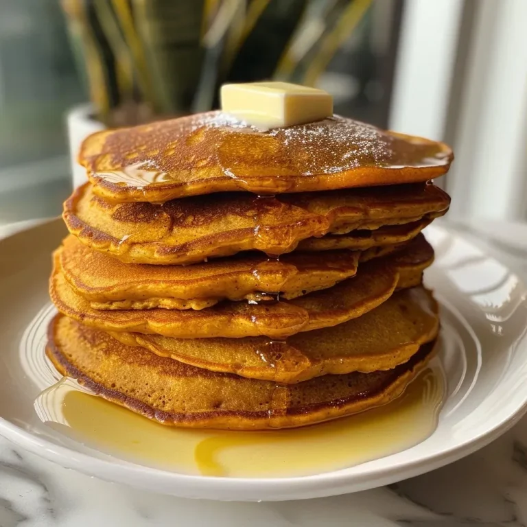 Close-up of fluffy sourdough pumpkin pancakes stacked on a plate, showing their golden-brown texture.