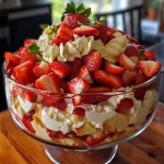 Close-up of a delicious strawberries and cream trifle in a glass dish, showcasing layers of cake, strawberries, and cream.