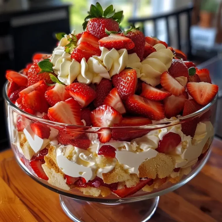 Close-up of a delicious strawberries and cream trifle in a glass dish, showcasing layers of cake, strawberries, and cream.