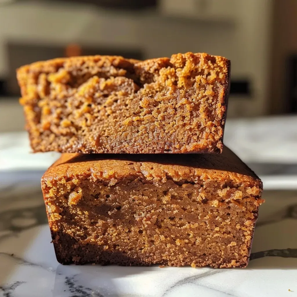 A moist slice of pumpkin bread with a textured crust and vibrant orange color, displayed on a wooden surface.