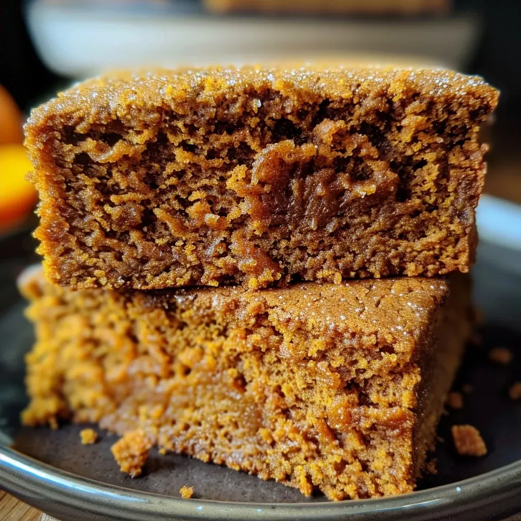 Side view of a juicy sugar-free pumpkin gingerbread slice with a rich brown color and a dusting of spices.