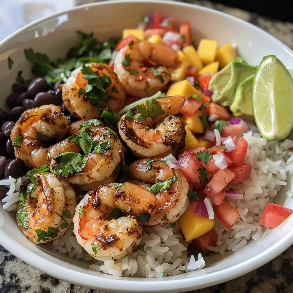 Close-up view of a delicious shrimp bowl with fresh toppings.